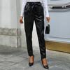 Women's Black Faux Leather High-waist Tie-waist Slim Pants Casual Office Trousers