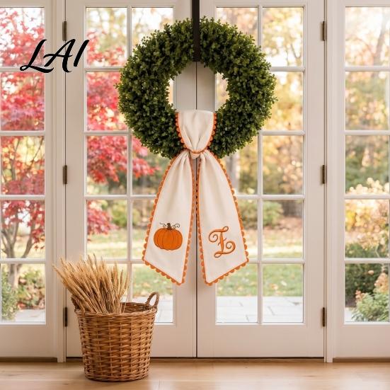 Thanksgiving Door Hanging Decor Halloween Pumpkin Wreath Sash for Fall Front Decor Orange Scalloped Fabric Decorative Scallops Ribbon with