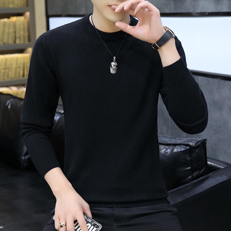 Men's White Round Neck Long Sleeve Knit Sweater for Spring, Autumn, and Winter