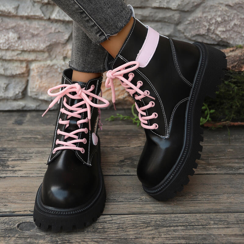 Fashion Punk Pink Metal Heart Buckle Ankle Boots Women 2025 Winter Gothic Thick Bottom Black Boots Sexy Y2K Shoes with Platform Size 42