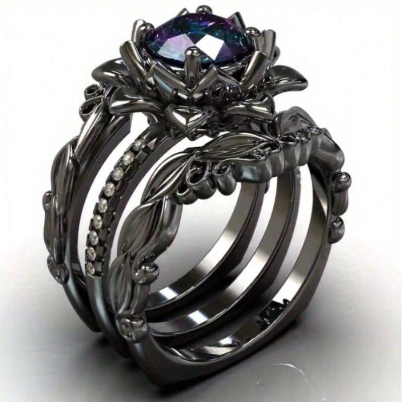 Elegant Three-Piece Black Lotus Ring Set with Rainbow-Colored Zirconia for Weddings, Engagements Anniversaries and Parties