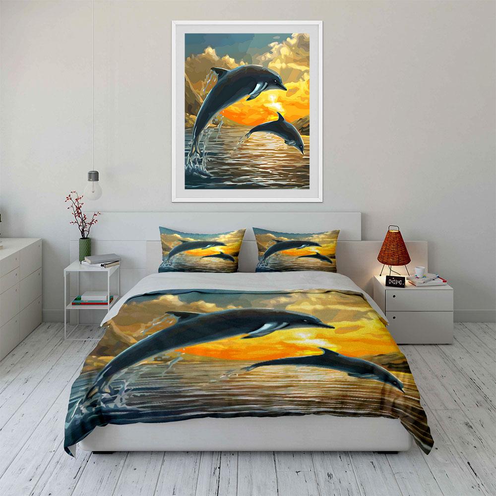 Jumping dolphins, sunset background. Bedding sets Duvet cover sets Duvet covers Pillowcases(1*Duvet Cover 2*Pillowcases without duvet insert)