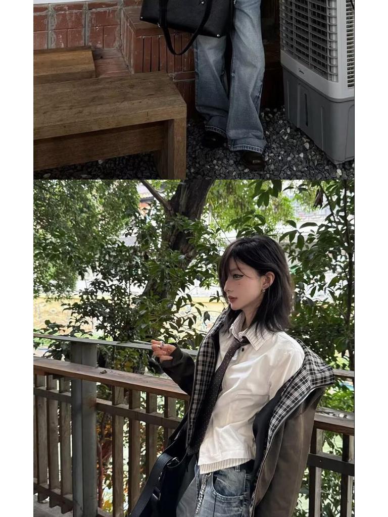 Unisex Retro Harrington Jacket – Plaid Lapel, Patchwork Design, Short Workwear Style for Spring/Autumn