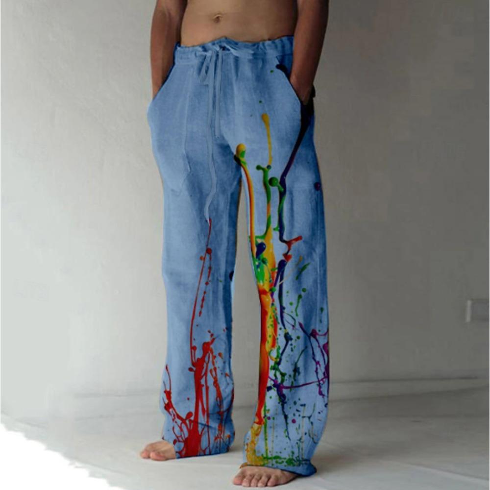 Men's 3D Multi-colored Dye Printed Baggy Casual Trousers, Elastic Drawstring Waist with Pockets, for Spring Summer Home Outdoor Vacation