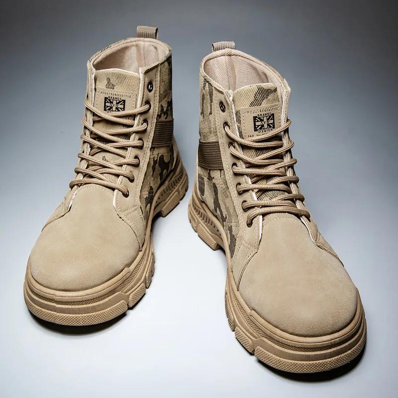 Men's Vintage Camo Work Boots Military Tactical Ankle Boots Lace-Up Non-Slip Waterproof Leather Outdoor Hiking Shoes for Men