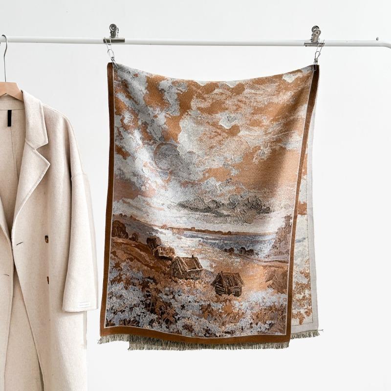 Winter Warm New Imitation Cashmere Scarf Women's High Sense Van Gogh Graffiti Oil Painting Wind Scarf Fleece Windproof Shawl