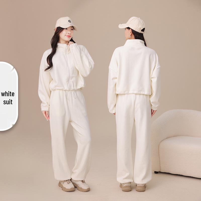 Damen Herbst/Winter Korallenfleece Yoga Set: Zweiseitige Reißverschlussjacke & Warme Weitbeinige Hose