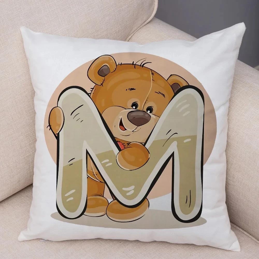 Cute Cartoon Bear Animal Cushion Cover Sofa Children'S Room English Letter Print Pillowcase With Zipper Cushion Cover