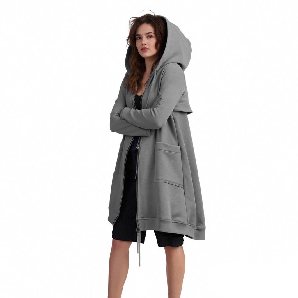 Women's Fashion Solid-Colour Hooded Zip-Up Casual Sweatshirt With Patch Pockets