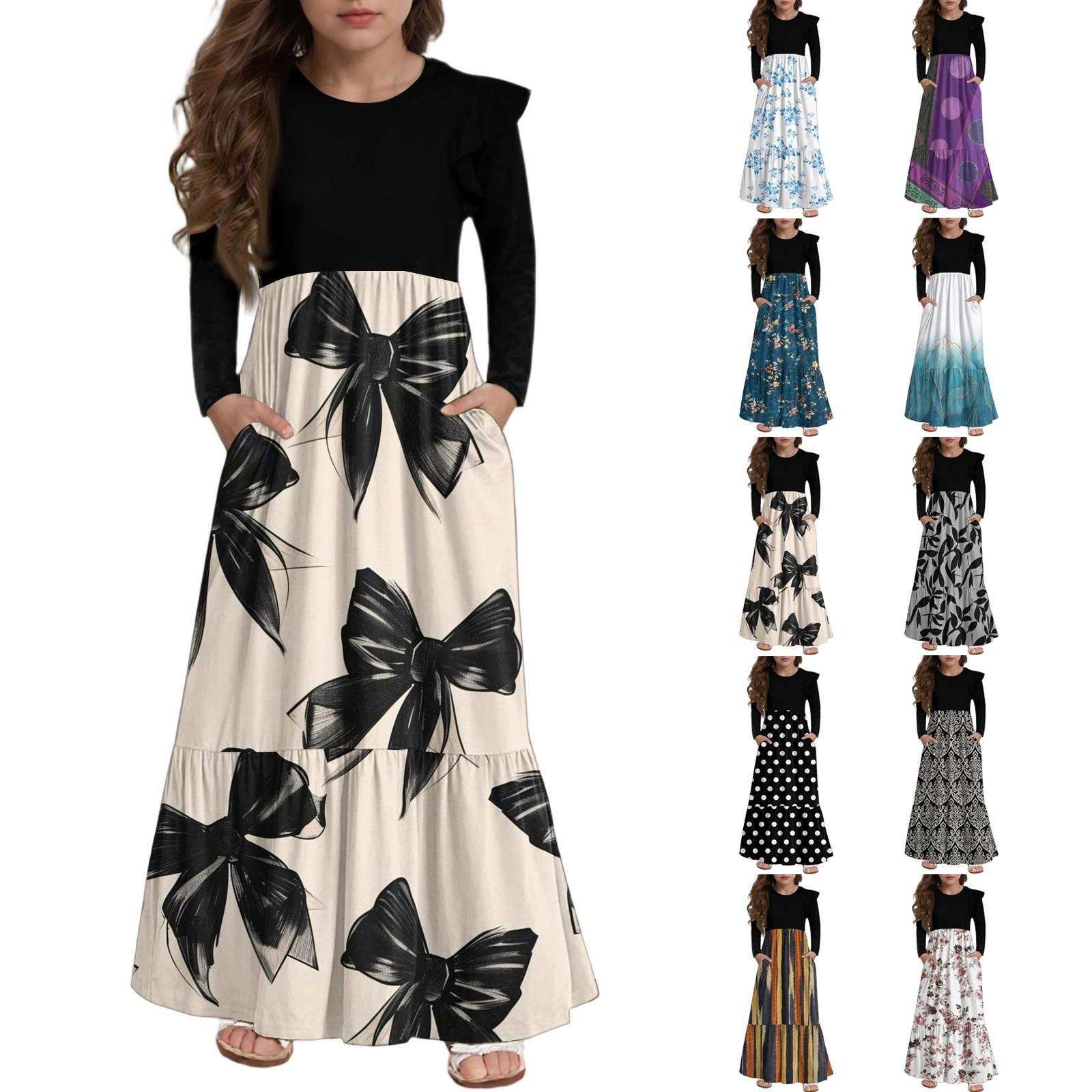 

Girls Tiered Ruffle Dress - Long Sleeve Printed Maxi With Pockets 160 білий