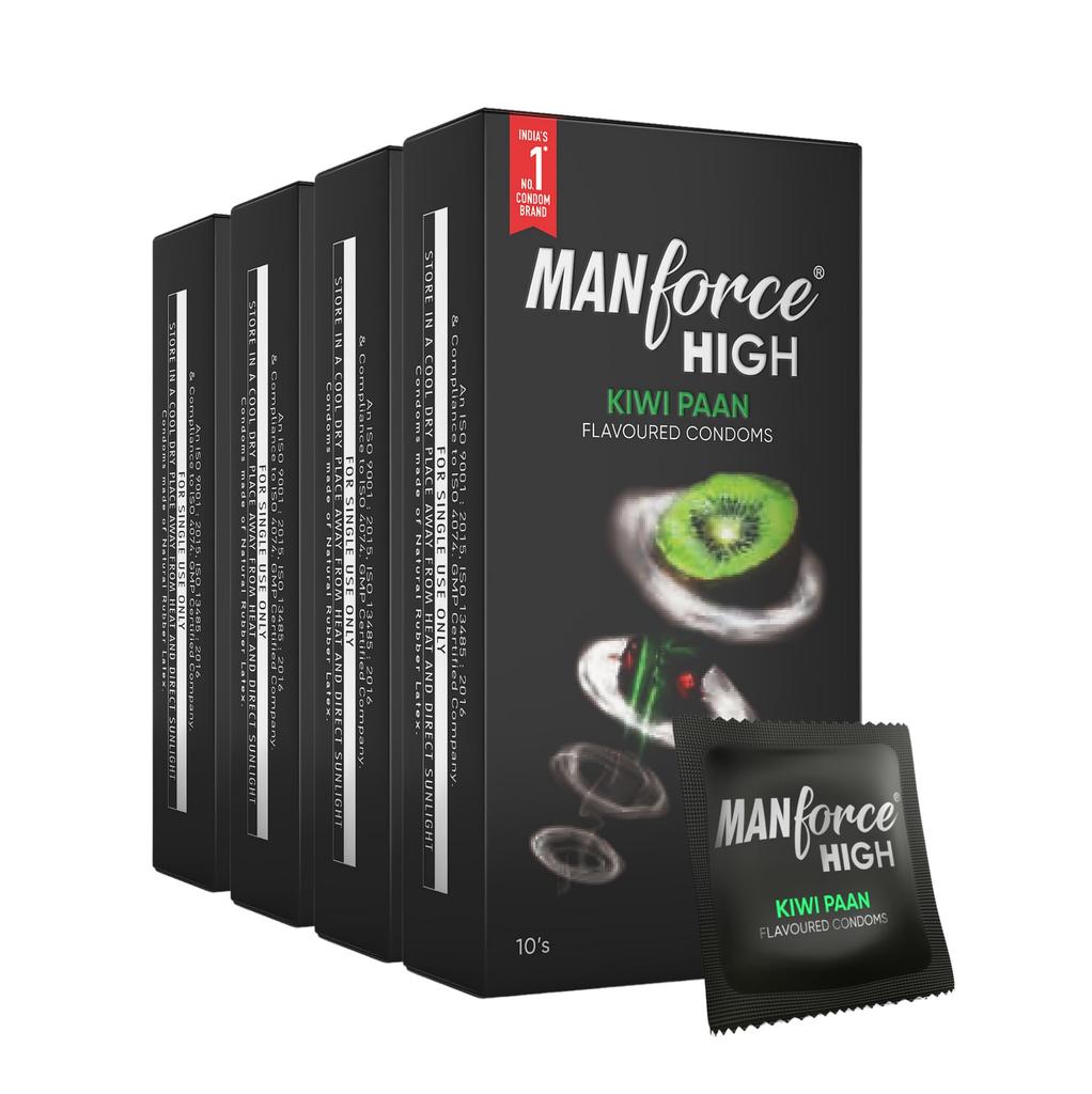 Manforce High Kiwi Paan Flavoured Condoms for Men| 10 Count| Ultra Thin| Lubricated Latex Condoms For Her Enhanced Pleasure X Pack of 4