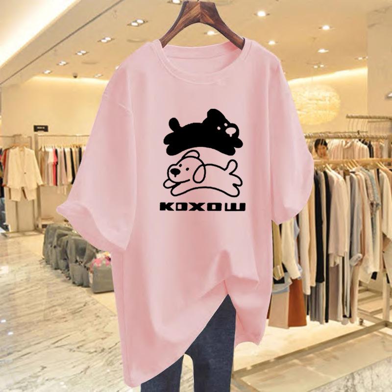 Women's Summer White Cartoon Print Cotton T-Shirt, Loose Fit, Mid-Length, Short Sleeve