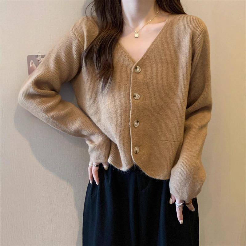 Design Sinn Nische gestrickte Strickjacke Top Damen Winter neu V-Ausschnitt kurzer Pullover Jacke