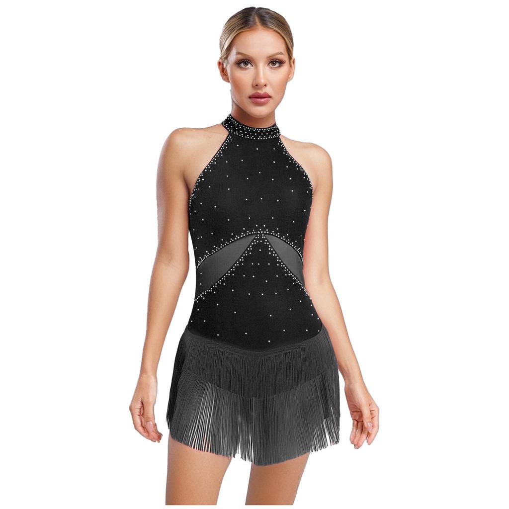 Dame Latin Dans Leotard Glitrende Rhinestone Dusker Mesh Lappverk Rygg Utklipp Bodysuit Ytelseskostyme