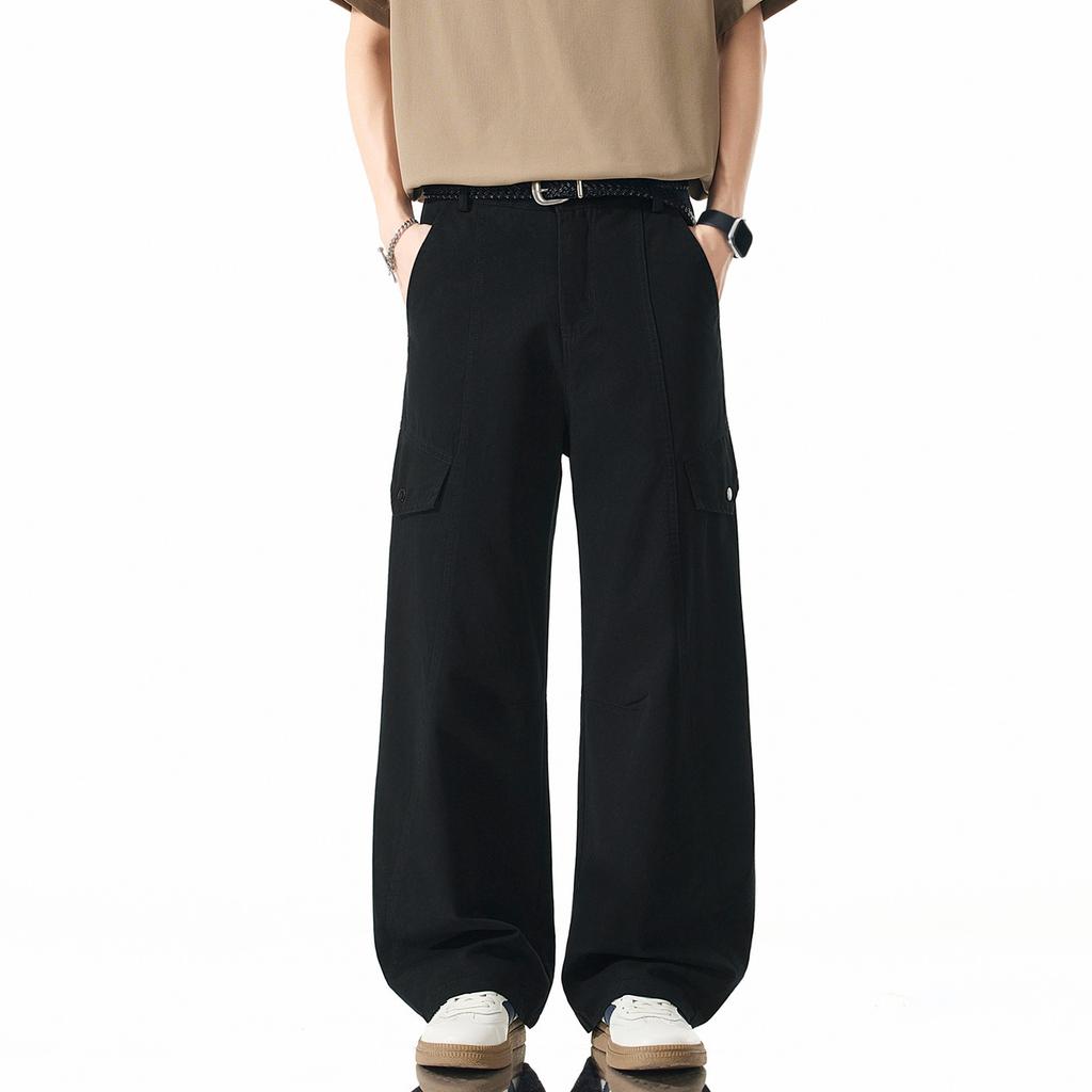 Solid color simple trendy brand semi-elastic tooling casual pants men's American loose drape wide-leg pure cotton small scimitar pants