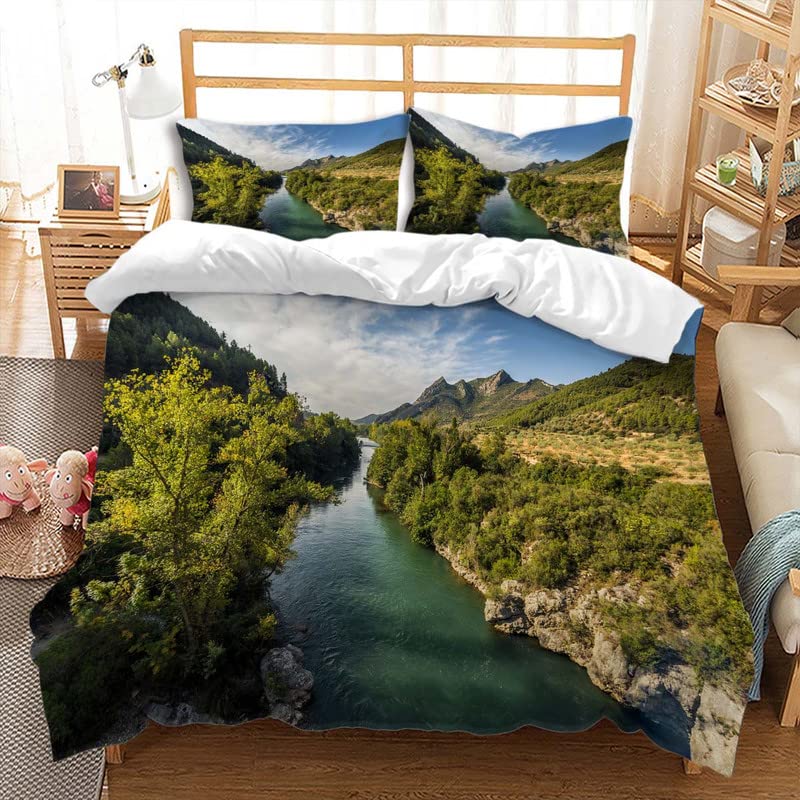 Mountain River Soft Duvet Cover Set Quen Sized Dimensions,Retro Adventure Theme Warm Comforter Cover Nature Scenery Beding Set Young Boys Young Girls