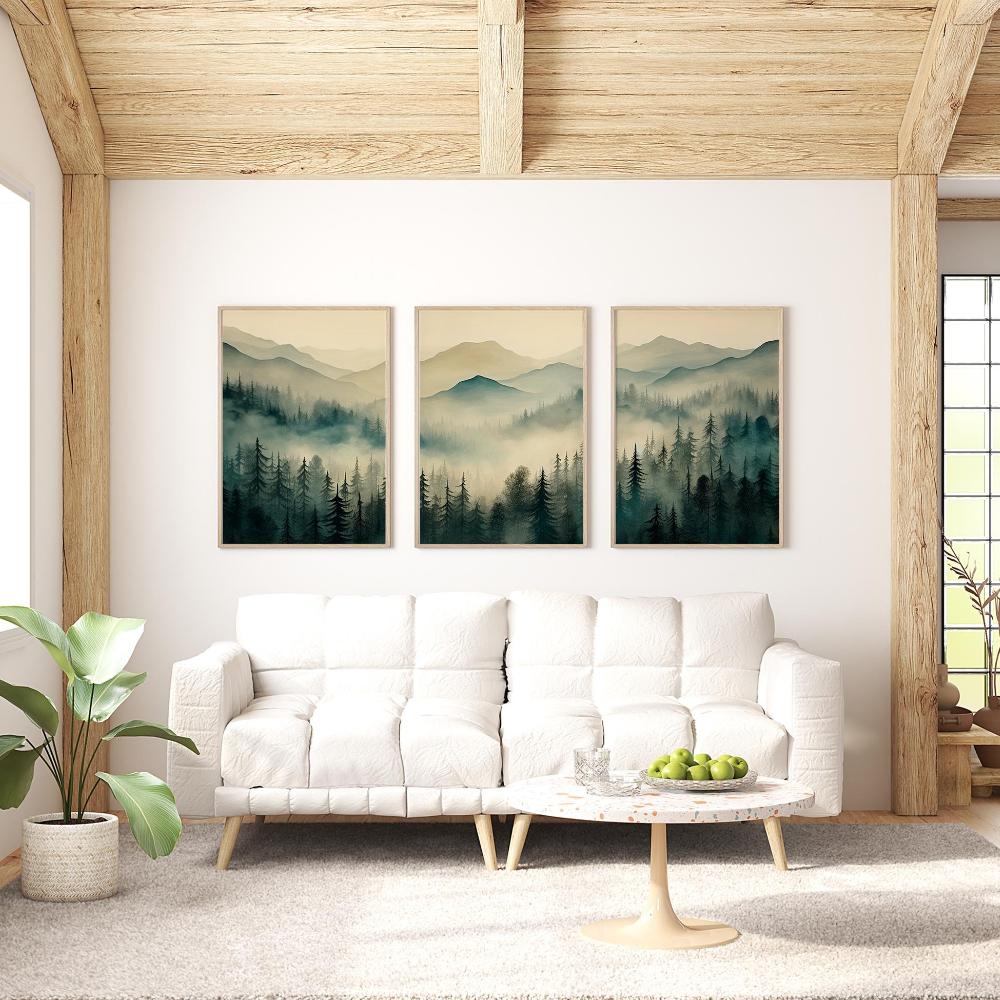 Sage Green Mountain 3 Piece Wall Art Decor Watercolor Mountain Landscape Abstract Nature Print Modern Minimal Decor Gift Poster