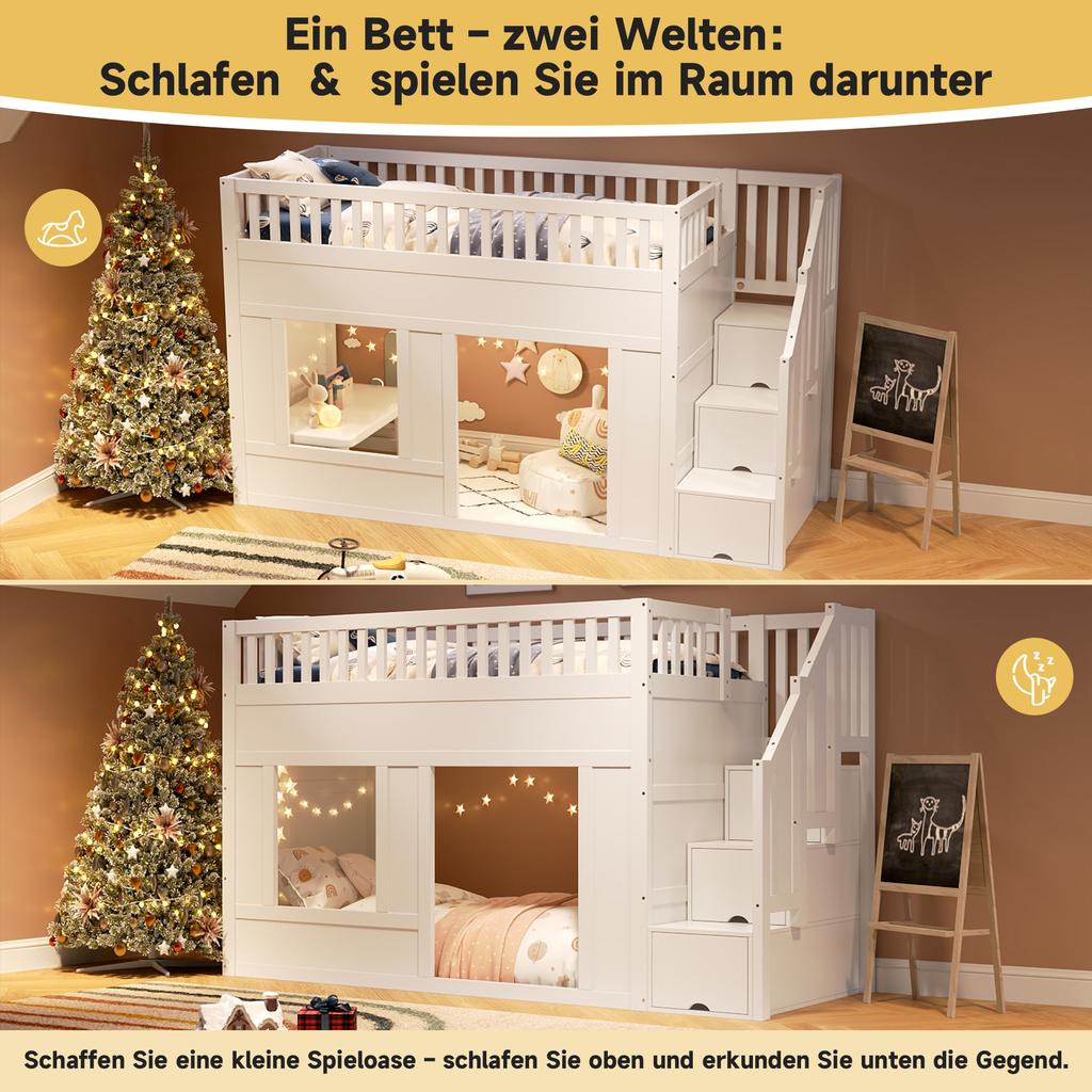 Kinderbett, Etagenbett (90 x 200 cm), Hochbett, Multifunktionsbett mit Treppenschrank, Umbaubare Spielfläche darunter, ohne Matratze, Weiß