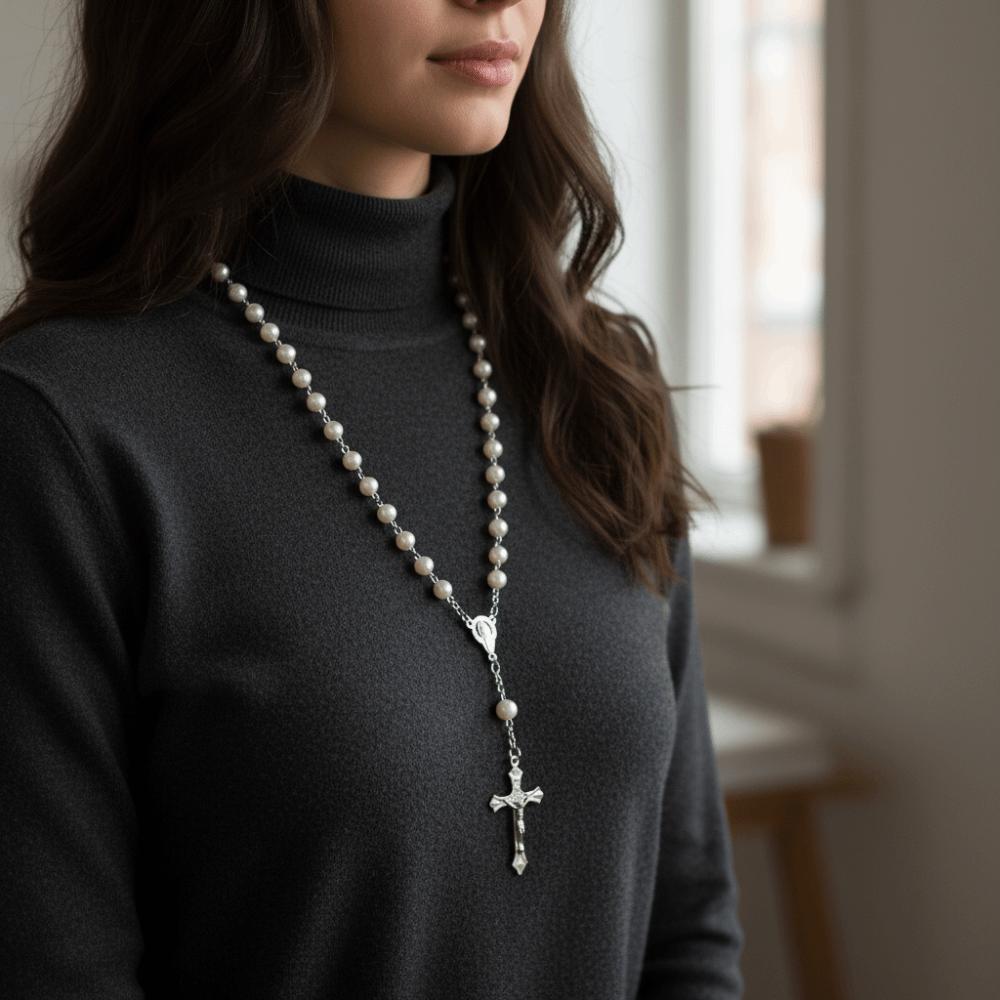 Imitation Pearl Religious Jewelry Set Sweater Chain Long Cross Pendant Necklace Devotional Vintage Style Christian Bracelet