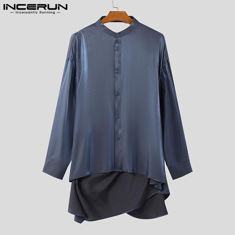 INCERUN Ανδρικά Γκλίτερ Πουκάμισα Μακρυμάνικα Κουμπιά Μονόχρωμα Ανοιχτή Πλάτη Τοπ με Μπαντάζ