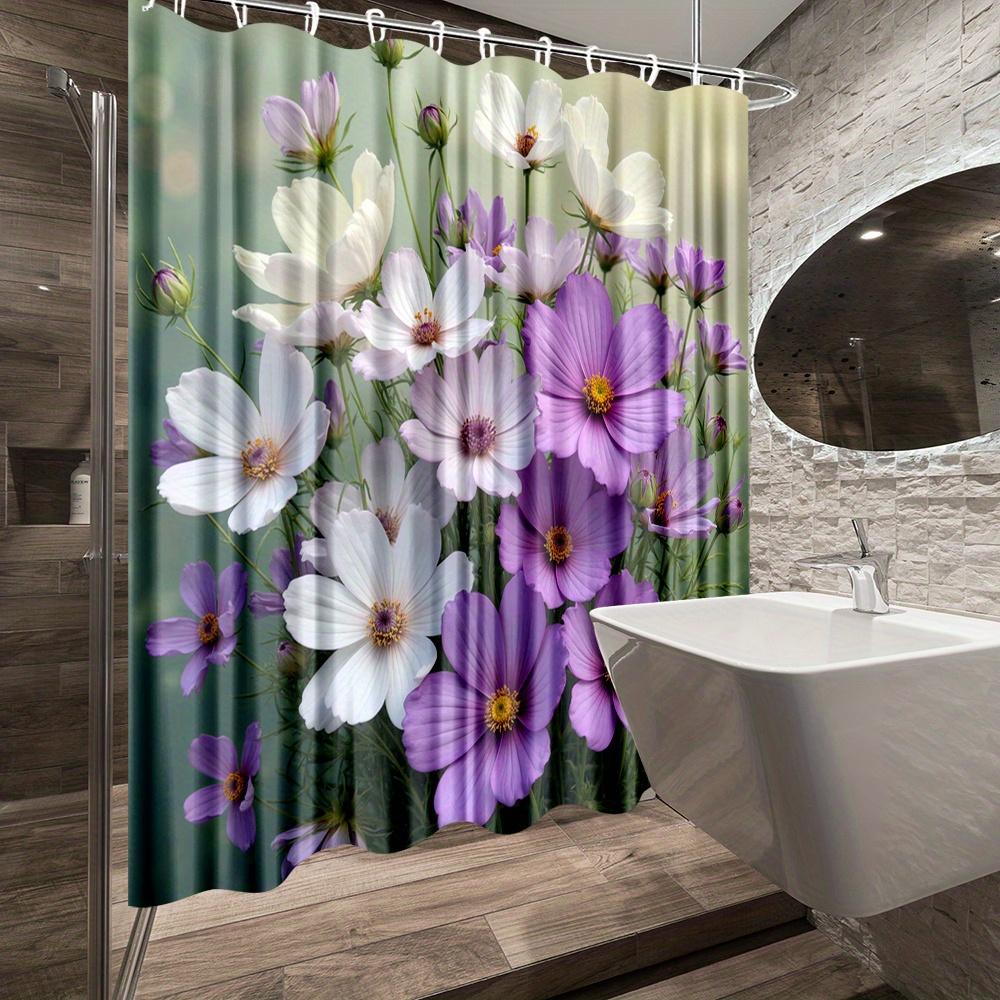 1Pc Floral Shower Curtain With Vibrant Purple & White Blooms - Machine Washable Polyester Fabric, 70.8X70.8 Inches, 12 Hooks