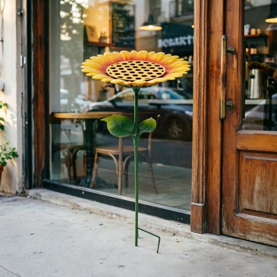 Sunflower Bird Feeder Bath for Outdoor Metal Flower Bee Watering Station with Stake Decorative Butterfly Pollinator Feeder Tray for Yard Lawn Patio