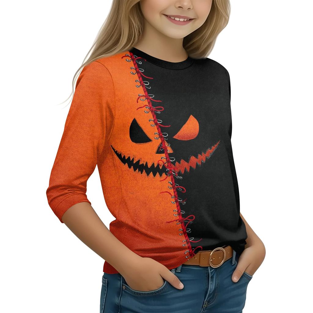 Kids Casual Long Sleeve T-Shirt with Halloween Print Round Neck for Party Costume