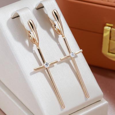 Minimalistische lange Kreuz-Anhänger-Zirkon-Ohrringe für Damen, Statement-Schmuck