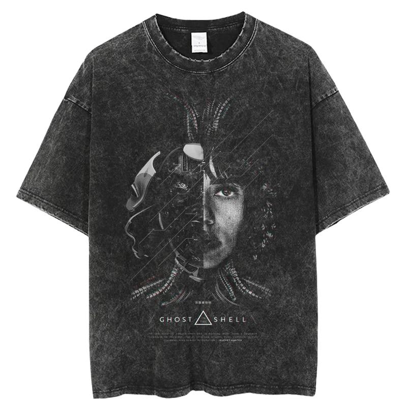 Modisches Ghost in the Shell Anime-T-Shirt mit verwaschenem O-Ausschnitt und kurzen Ärmeln für Damen, Schwarz, übergroß, lässig, Hip-Hop-Top