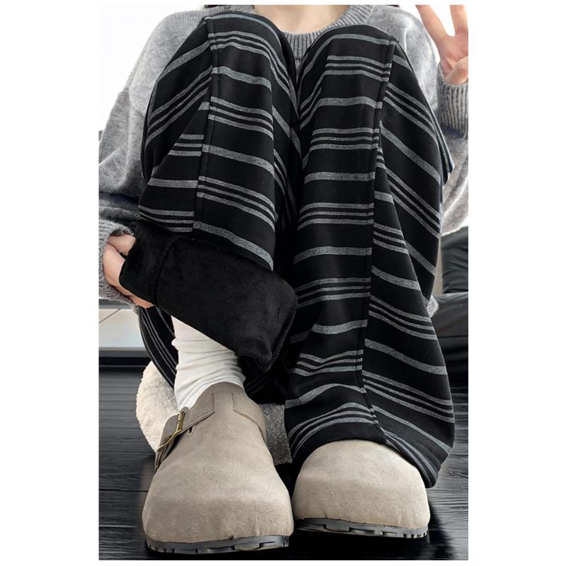 Women's Autumn Winter Fleece Lined Striped Curved Pants High Waist Slim Casual Straight Leg Floor-length Loose Wide-leg Trousers