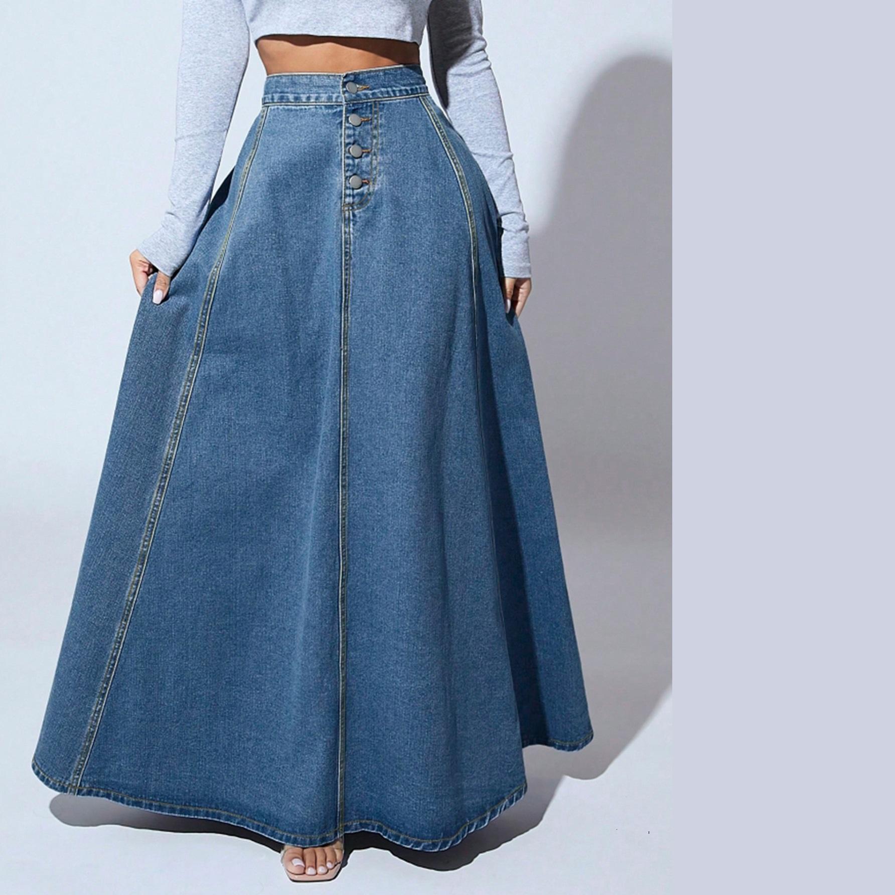 

Весна, лето и осень. Дизайн Sense. Однобортная джинсовая юбка. Женская юбка в стиле ретро в стиле вестерн. Юбка-трапеция с широкими качелями. XS темно-синий