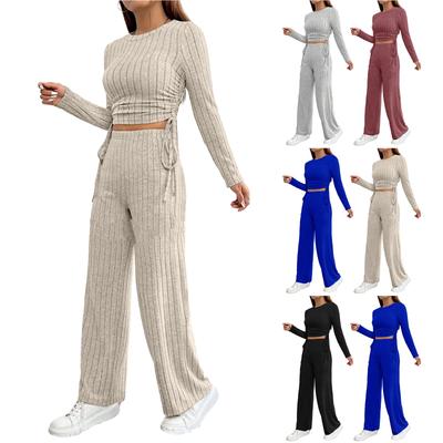 Ensemble 2 pièces de survêtement décontracté pour femme, couleur unie, pantalon long