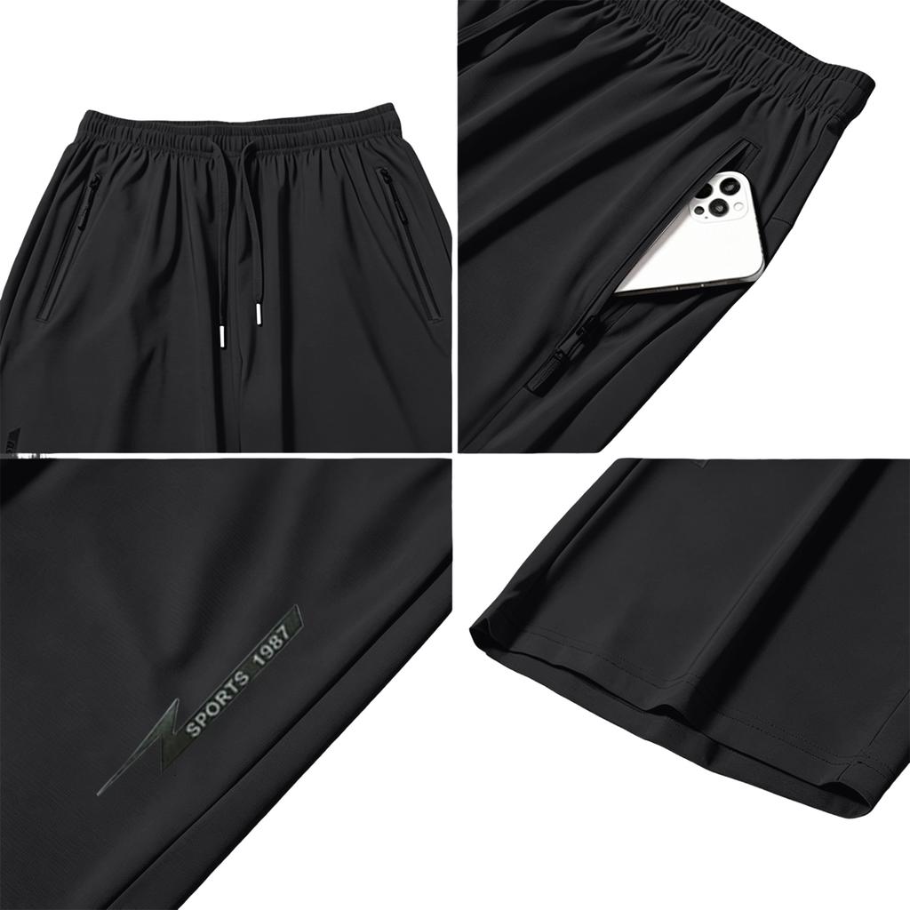 Men’s Ultra Lightweight Stretchy Ice Silk Seven Tenth Length Pants with Elastic Waistband and Zipper Pockets for Everyday Wear