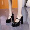Fashion Super High Heel Shoes New Round Head Shallow Mouth Metal Buckle Thick Heel Waterproof Platform Mary Jane Women's Shoes