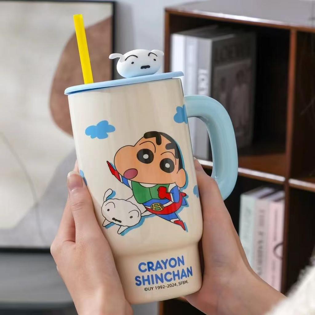 Crayon Shin Shirt Mug with Lid Straw Cup Office Casual Cup Summer Ceramic Water Cup Large Capacity