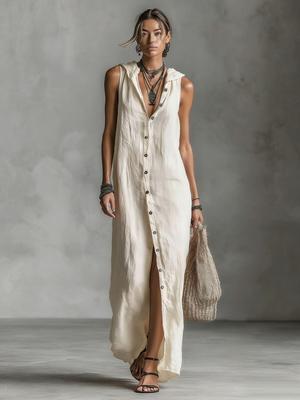 2026 Summer European & American Buckle-Up Sleeveless Hooded Long Dress for Women