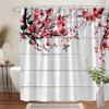 1 Piece Sakura Bird Shower Curtain-Traditional Asian Brushstroke Style with Bright Red Flowers and Brown Birds, Polyester Fabric