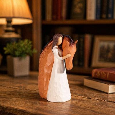 Nordic Geometric Resin Wood Look Healing Figurine Girl with Animal Cat Rabbit Horse Desktop Home Decor Animal Lover Gift