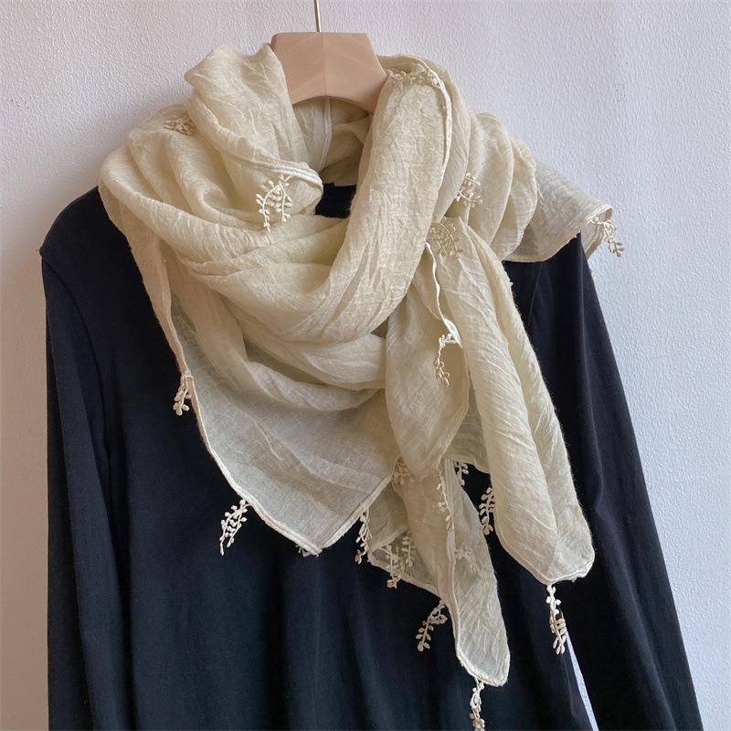 Solid color small leaf spike literary small fresh cotton and linen scarf women's fashion versatile long shawl thin neck scarf