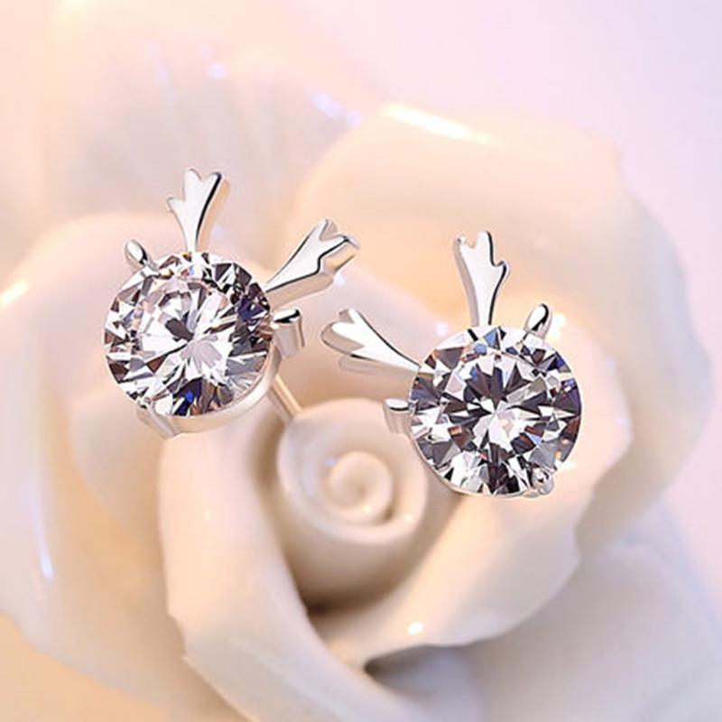 Antler Stud Earrings: S925 Sterling Silver, Simple Diamond, Little Fawn Design, Women's Korean Christmas Jewelry