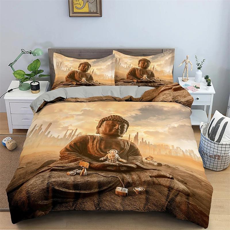 Mandala Buddha Duvet Cover Set King Size Exotic Ethnic Bohemian Bedding Set Golden Black Lotus Flowers Print Gorgeous Women Men