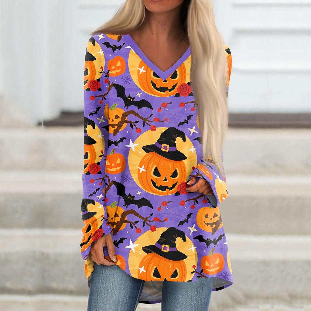 Women's Casual Long Sleeve V-Neck Halloween Print T-Shirt Mid-Length Top