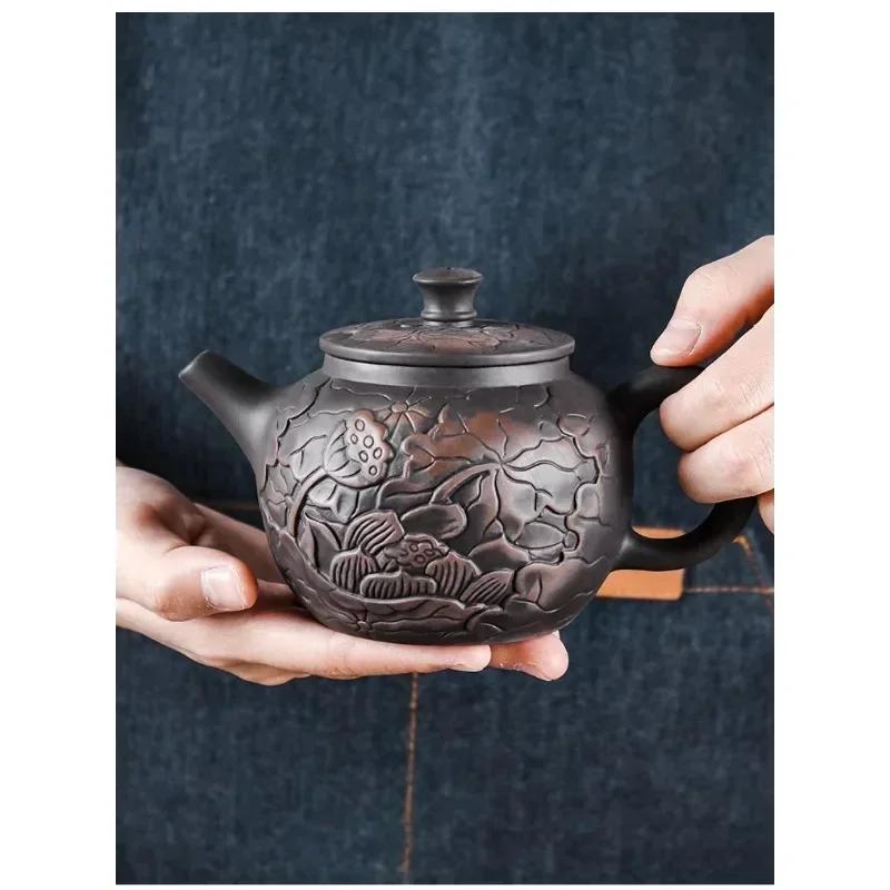 Yixing Tea Pot Purple Sand Tea Pot Beauty Pot Black Mud Handmade Carving Lotus Rhyme Illustration Household Handmade Tea Set