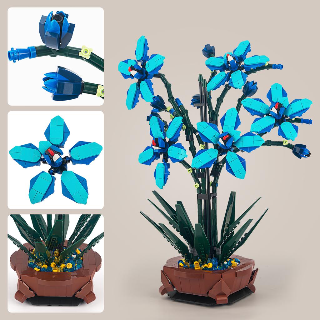 1097PCS Blue Orchid Potted Building Blocks MOC Bricks Toys DIY Plastic Bonsai Artificial Flowers for Home Decor Gift Set