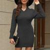 Fall Winter Women Dress Knitted Thick V-Neck Slim Fit Long Sleeves Above Knee Length Twisted Texture Pure Color Sheath Office Pa
