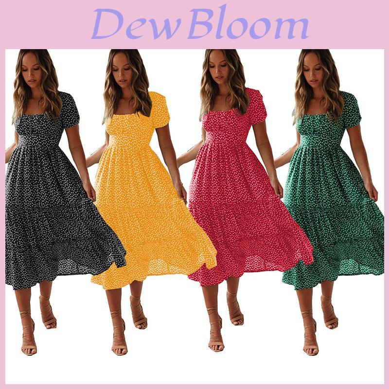 Elegante Abito da Spiaggia Maxi a Pois Boho con Volant e Scollatura Quadrata da Donna