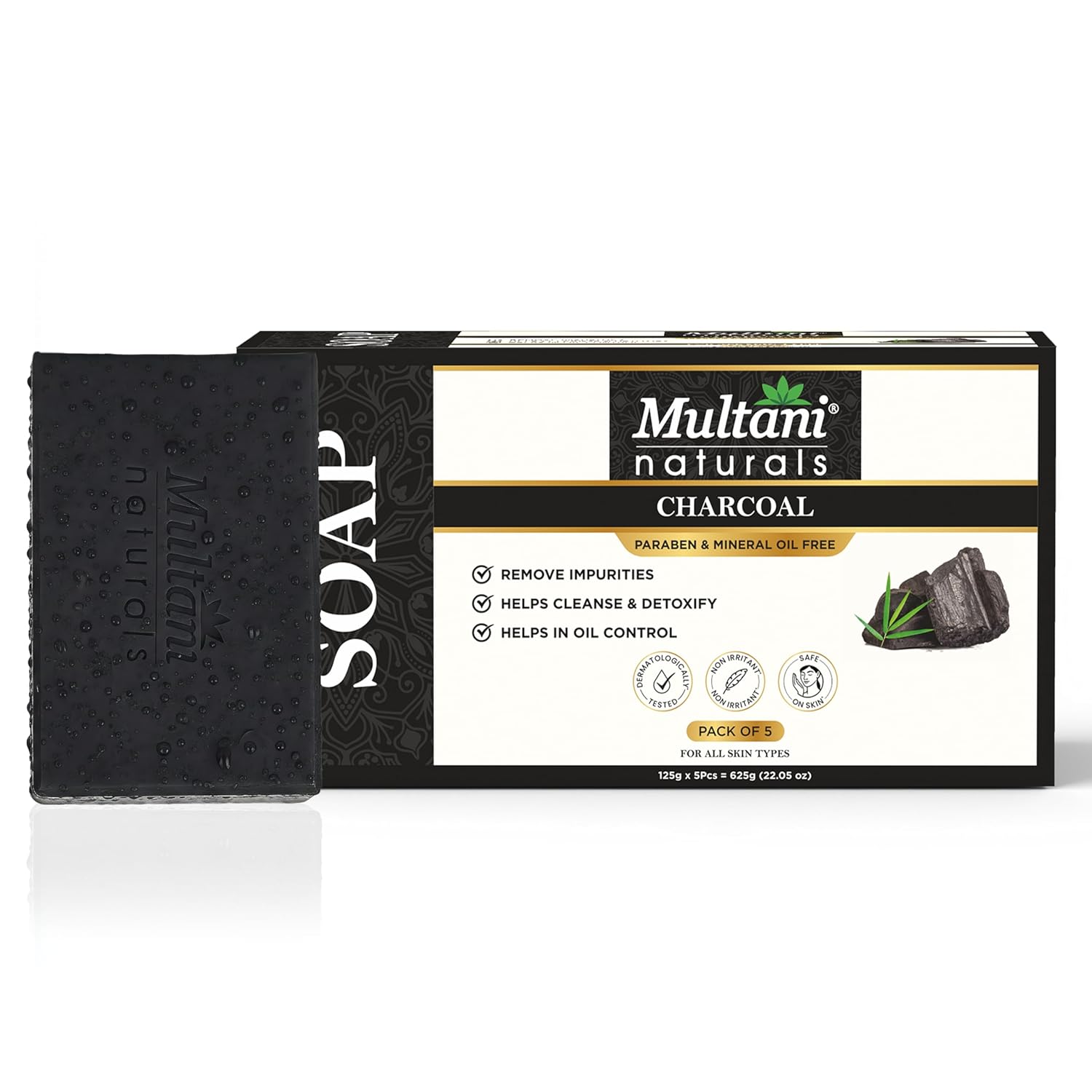 

Мыло Multani Naturals с древесным углем для жирной кожи, глубоко очищающее, глицериновое мыло, упаковка 125 г, 5 шт., без парабенов, гель для душа