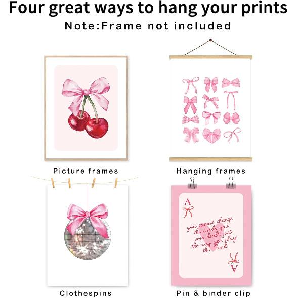 okaxscm Pink Coquette Bow Trendy Preppy Wall Art Prints Set of 4, Coquette Room Decor, Preppy Room Dorm Decor Aesthetic, Pink Bow Cherry Disco Ball