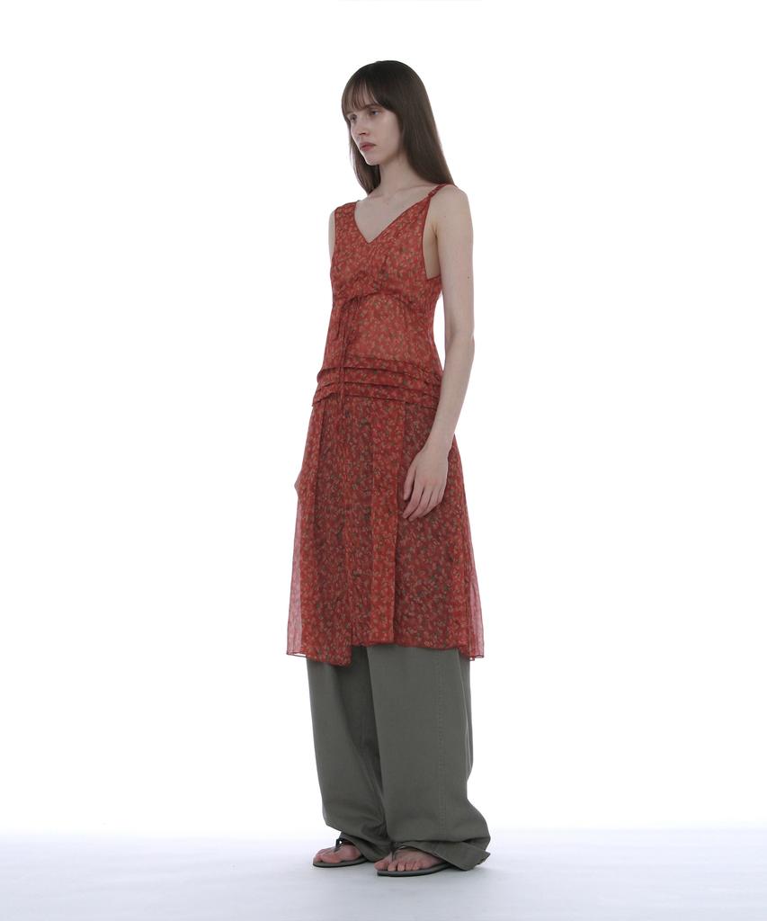 Partimento Woman Floral Pleated Sheer Midi Dress_Red