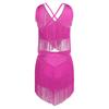 Womens Salsa Latin Dance Performance Costume V Neck Sleeveless Crisscross Back Fringe Crop Top Tiered Tassels Skirt